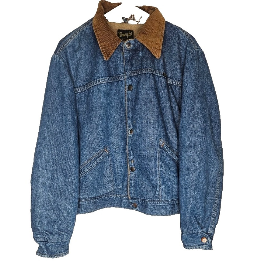Vintage 70s Wrangler Sherpa Denim Jacket 44 USA Western Workwear Ranch Distresse
